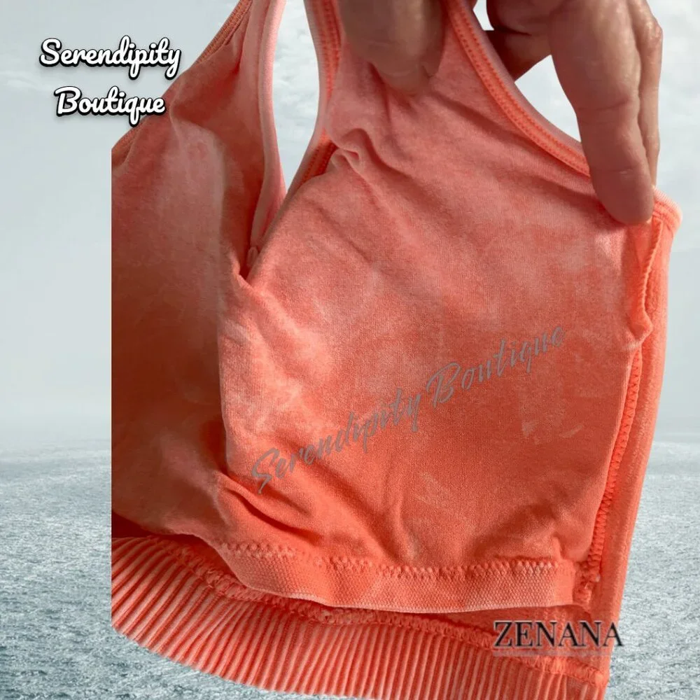 Zenana Soft Very Stretchy Coral Orange Mineral Wash V Neck Yoga Tank Bralette
